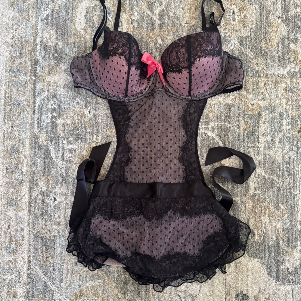 Victoria's Secret Black and Pink Chemise with Lace and Satin Accents